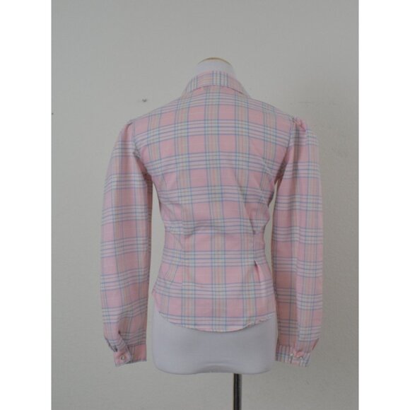 Vintage 80s Plaid Long Sleeves Poly/Cotton Pastel Button up Blouse - Picture 3 of 10